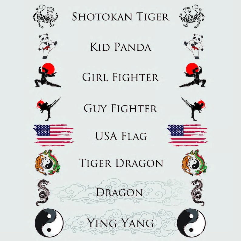 K&ouml;nnte beinhalten: Grafikdesign mit Illustrationen und Text zum Thema Kampfsport. Enth&auml;lt einen Tiger, einen Panda und stilisierte Figuren in Actionposen. Der Text enth&auml;lt "Shotokan Tiger", "Kid Panda", "Girl Fighter" und "USA Flag".