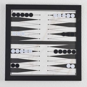 May include: A black and white backgammon board game set with black and white playing pieces. The board is made of wood and has a black frame. The pieces are arranged in a pattern on the board.