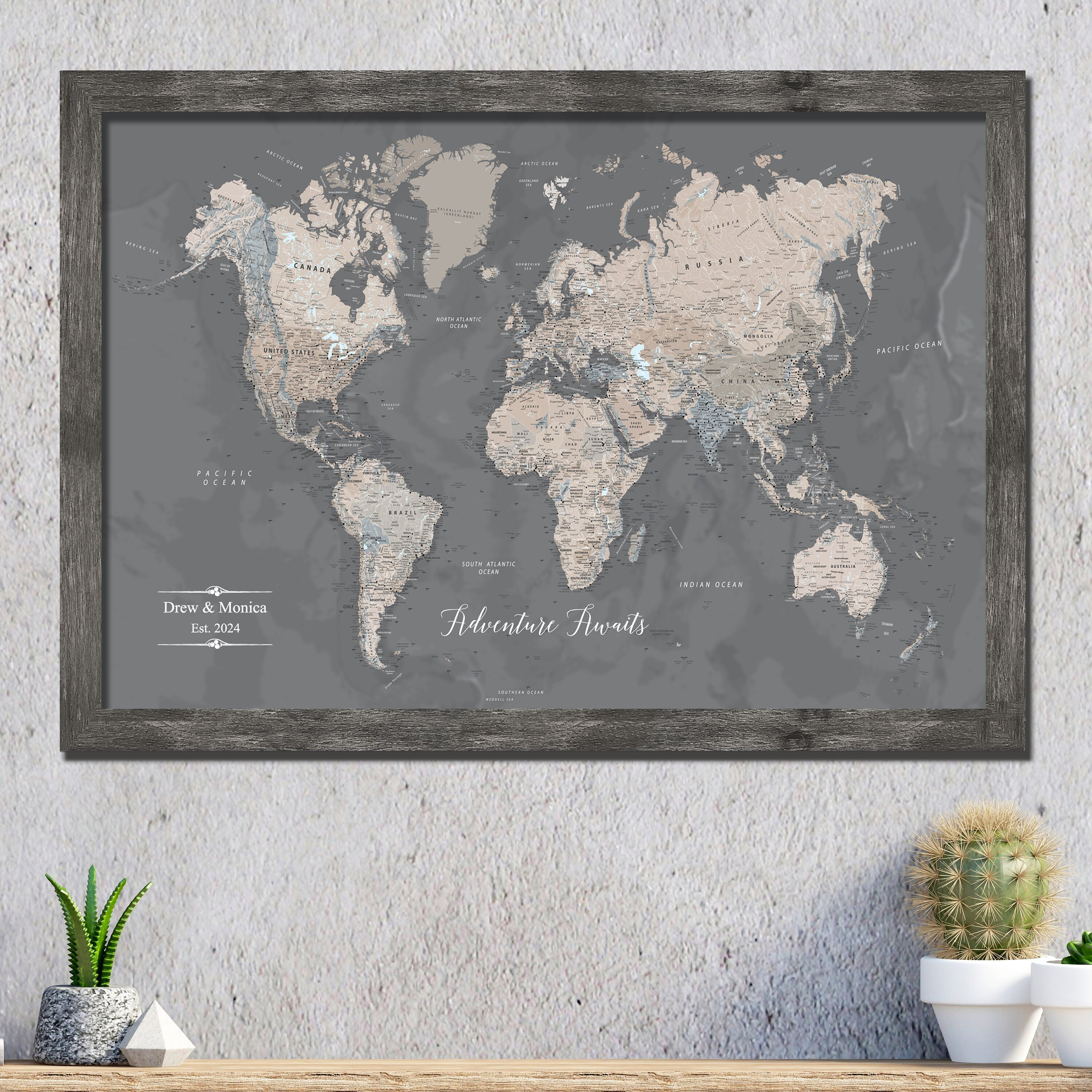 Magnetic World Travel Map with Pins | Personalized | Custom | Framed | Magnetic Push Pins | Gifts for Travelers | World Map | Taupe Tones