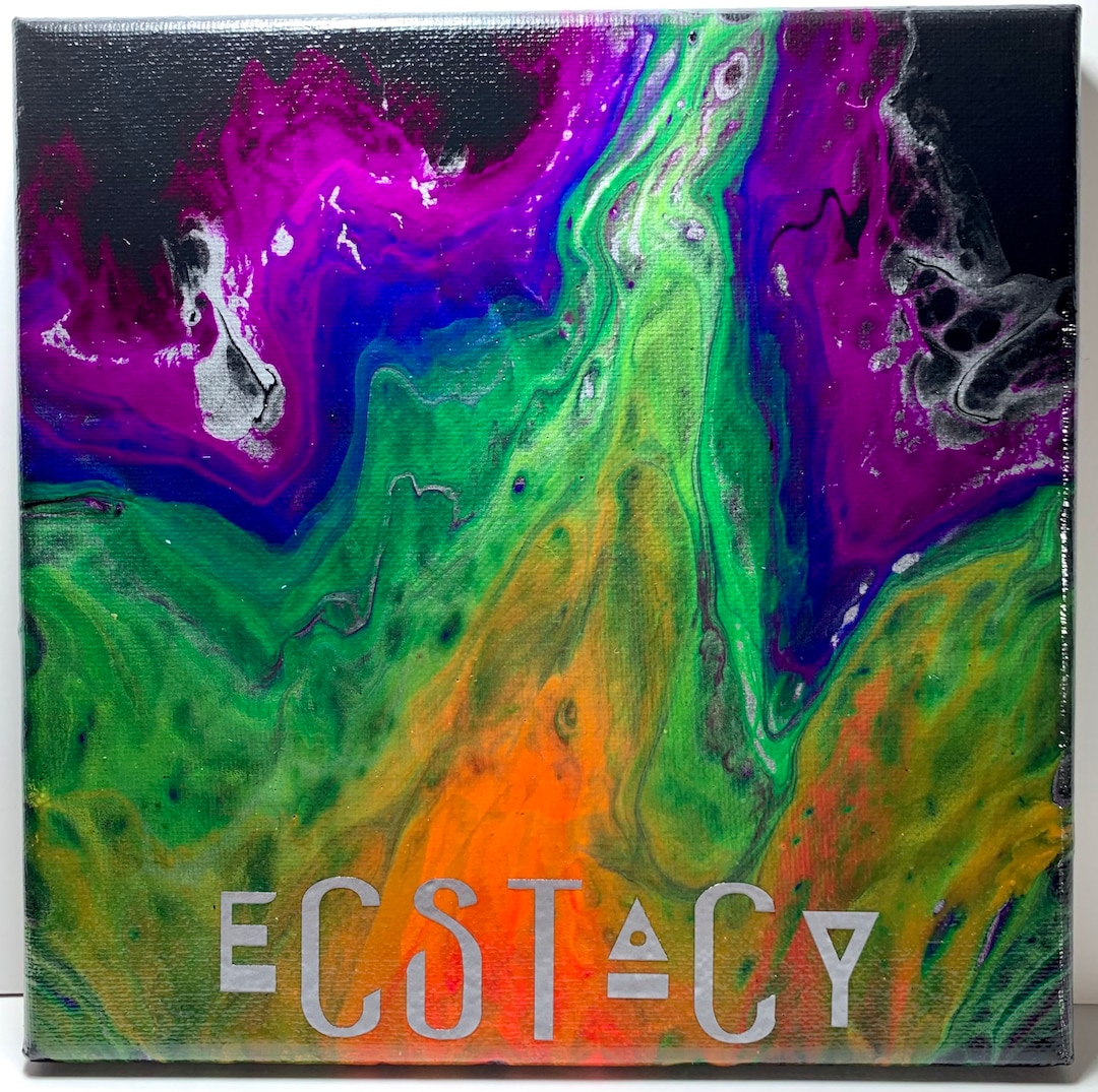 Acrylic Pour in Black, Silver, and Neons With the Word Ecstasy