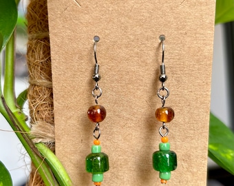 Beaded Dangle Earrings with Vintage Glass Beads, Greens, Brown, and Orange, One of a Kind