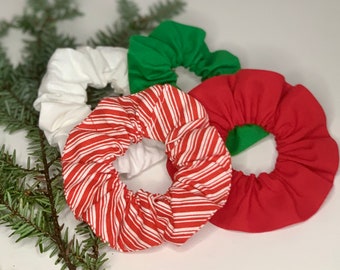 Christmas Scrunchie 4 Pack - Candy Cane Stripes, White, Green, and Red