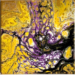 May include: Square canvas art with an abstract design. The artwork features a fluid, swirling pattern of gold, purple, black, and white paint. The colors blend and create a unique, textured effect, with a glossy finish. The overall theme is modern and artistic.