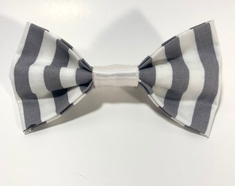 Fabric Hair Bow in Gray Stripes, French Barrette Clip