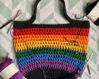 Rainbow Striped Crochet Market Bag, Reusable Shopping Bag, Beach Bag, 100% Cotton