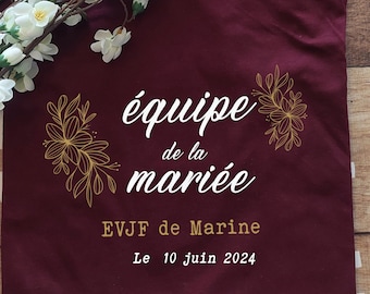 T-shirt evjf,team de la mariée motif et texte en or/doré et noir ou blanc,différentes couleurs de t-shirt, enterrement de vie de jeune fille