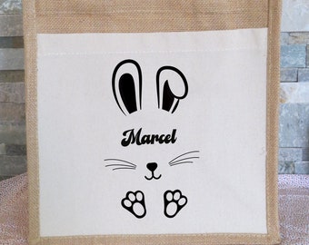 sac de Pâques personnalisé avec prénom en coton et en toile de jute pour la récolte de chocolat 30 par 30 cm , Chasse aux oeufs de chocolats