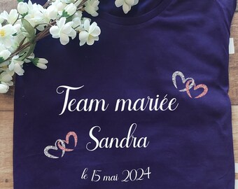 T-shirt evjf, team de la mariée avec coeur rose pailletée, t-shirt team de la mariée,fête de mariage et EVJF,différente couleurs de t-shirt!