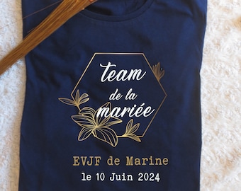 T-shirt evjf, team de la mariée motif et texte en or/doré et noir ou blanc,différentes couleur de t-shirt, enterrement de vie de jeune fille