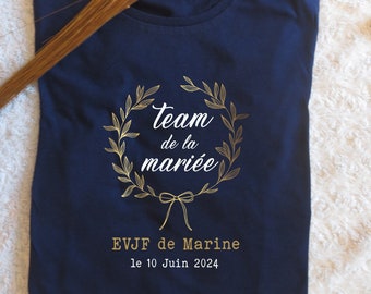 T-shirt evjf, team de la mariée motif et texte en or/doré et noir ou blanc,différentes couleur de t-shirt, enterrement de vie de jeune fille