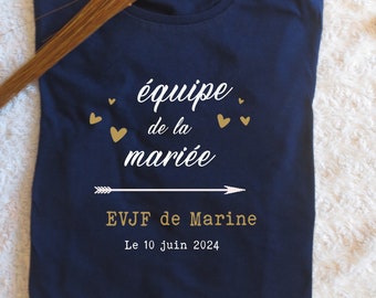 T-shirt evjf, team de la mariée motif et texte en or/doré et noir, t-shirt équipe de la mariée, enterrement de vie de jeune fille,mariage