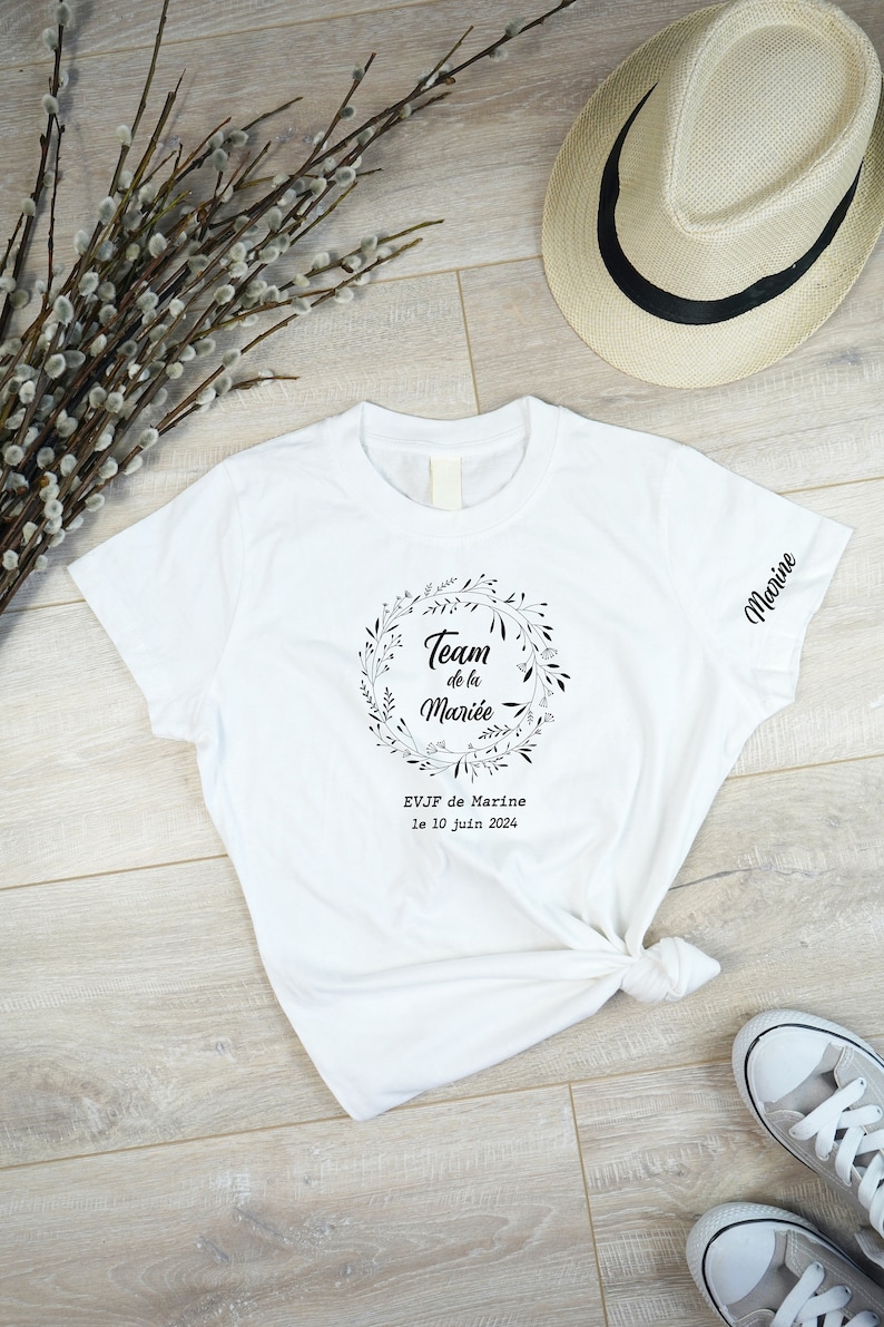 T-shirt evjf personnalisé, team de la mariée avec motif couronne de fleur de mariage,enterrement de vie de jeune fille,Mariage,cadeau mariée image 6