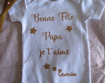 Body bébé personnalisé, bonne fête papas je t'aime de couleur or pailleté, fêtes des pères, cadeaux surprise