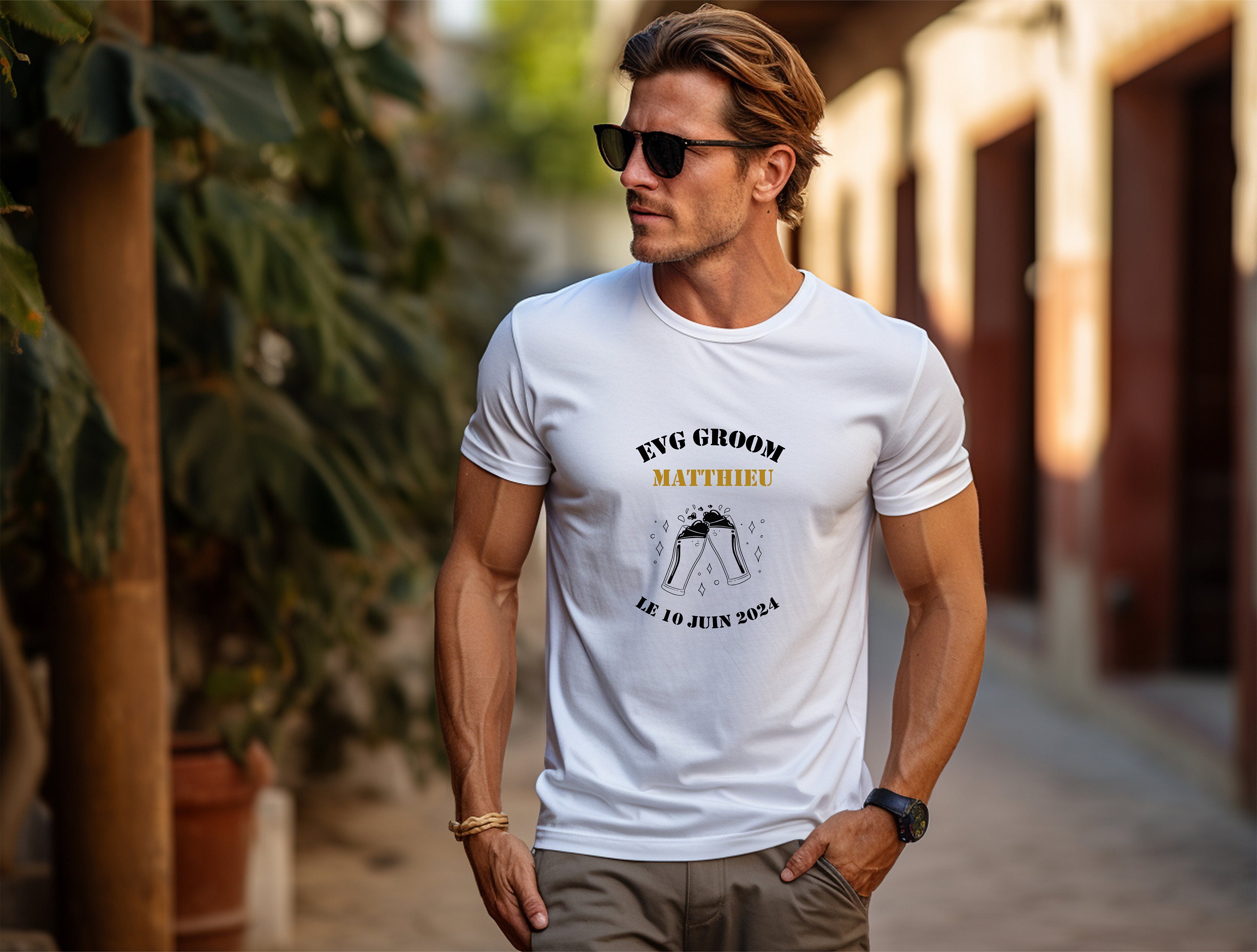 Discover EVG + Date + Prénom Enterrement De Vie De Garçon T-Shirt Personnalisé