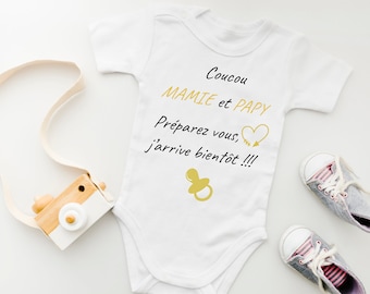 Baby bodysuit Pregnancy announcement, Birth announcement "Hello GRANDMA and PAPY Get ready, I'll be coming soon"