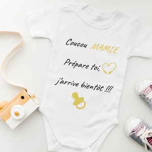 Personalized baby bodysuit Pregnancy announcement "Hello GRANDMA Get ready, I'll be coming soon"