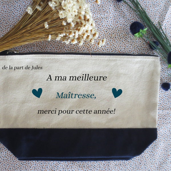 Pochette " Maîtresse ", fête de fin d'année d'école, pochette personnalisée avec le prénom de l'enfant, couleur bleu pétrole, fêtes de Noël