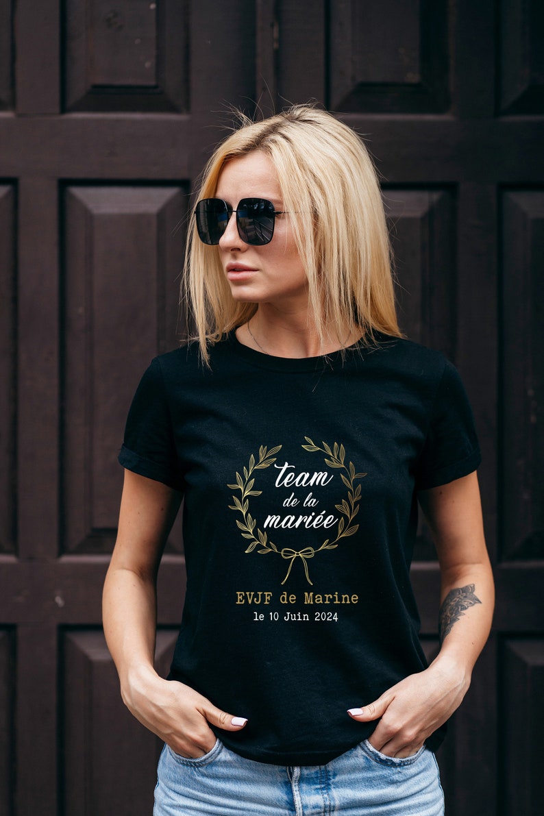 T-shirt evjf, team de la mariée motif et texte en or/doré et noir ou blanc,différentes couleur de t-shirt, enterrement de vie de jeune fille image 8