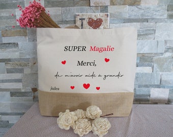 Jute tote bag downstairs and cotton personalized with the name of your children, shopping bags, ecological bag, beach bag/tote bag