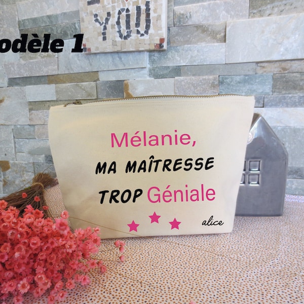 Pochette " Maîtresse ", cadeau de fin d'année d'école, pochette personnalisée avec le prénom de l'enfant, cadeaux pour fêtes de Noël