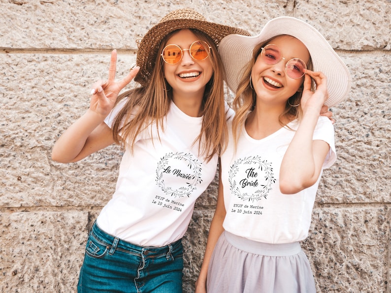 T-shirt evjf personnalisé, team de la mariée avec motif couronne de fleur de mariage,enterrement de vie de jeune fille,Mariage,cadeau mariée image 3