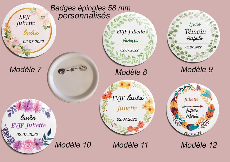 Badge Mariage, EVJF, enterrement de jeune fille, Témoin, Badge 58mm personnalisé, badges à partir de 1 euro,badges ANNIVERSAIRES et Mariage image 2