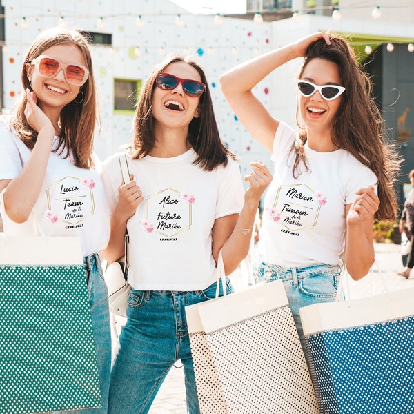 T-shirt evjf motif couronne de couleur or avec des fleurs roses, t-shirt la mariée et pour la team mariée, Enterrement de vie de jeune fille