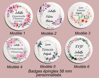 Badge Mariage, EVJF, enterrement de jeune fille, Témoin, Badge 58mm personnalisé, badges à partir de  1 euro,badges ANNIVERSAIRES et Mariage