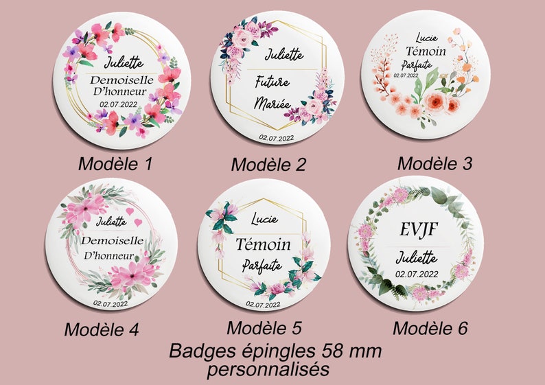 Badge Mariage, EVJF, enterrement de jeune fille, Témoin, Badge 58mm personnalisé, badges à partir de 1 euro,badges ANNIVERSAIRES et Mariage image 1