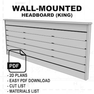 Puede incluir: Una ilustración digital de una cabecera de cama king-size. La cabecera está hecha de tablones de madera y está diseñada para montarse en la pared. La ilustración incluye un icono PDF y texto que dice "CABECERA DE PARED (KING)" y "PLANOS 2D, DESCARGA FÁCIL DE PDF, LISTA DE CORTE, LISTA DE MATERIALES".