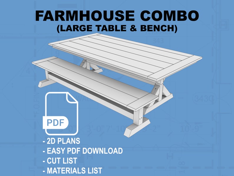 Farmhouse Table & Bench Plans large Etsy