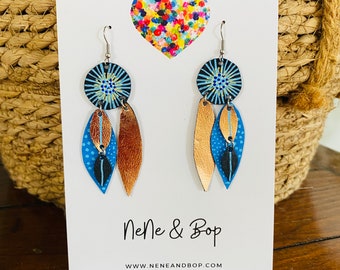 Navy and Rose Gold Leaf bud leather earrings