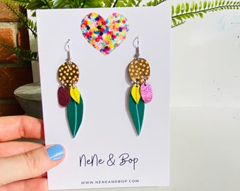 Native Pink Yellow Wattle leather earrings