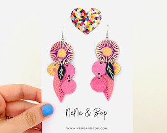 Pink leaf and bud leather earrings