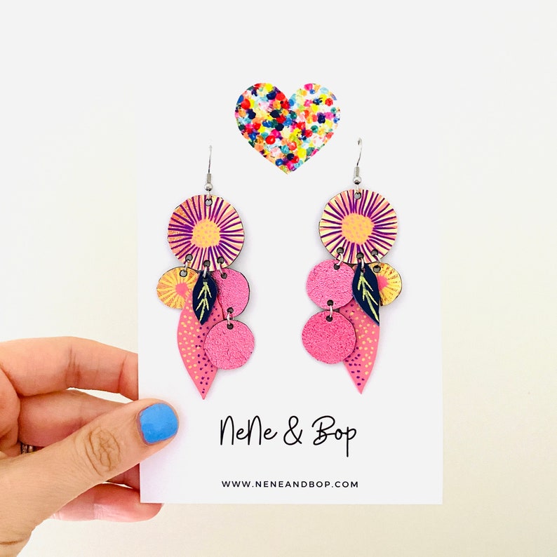 Pink leaf and bud leather earrings image 1