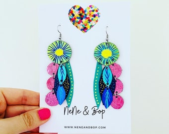 Summer leaf and bud leather earrings