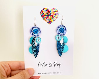 Blue leaf and bud leather earrings