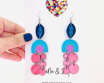 Blue Rainbow Pink drops leather earrings