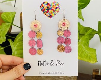 Pink and Gold Floral bud leather earrings