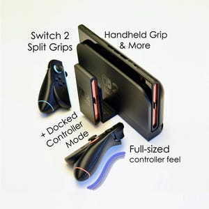 May include: Black gaming console accessories, including split grips, a handheld grip, and a docked controller mode. The accessories have blue and red accents, with text that reads "Switch 2 Split Grips", "Handheld Grip & More", and "+ Docked Controller Mode".