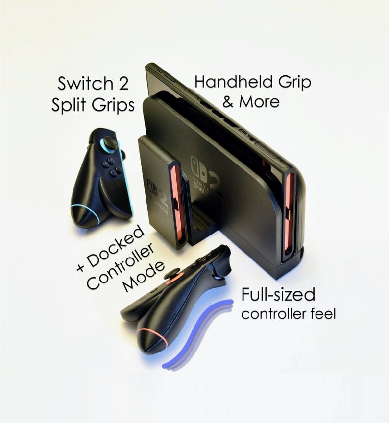 May include: Black gaming console accessories, including split grips, a handheld grip, and a docked controller mode. The accessories have blue and red accents, with text that reads "Switch 2 Split Grips", "Handheld Grip & More", and "+ Docked Controller Mode".