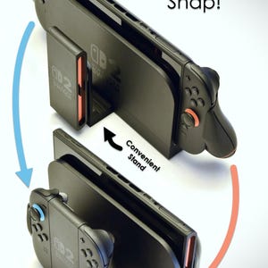 May include: Black Nintendo Switch console with attached controllers and a game cartridge. The image shows the console in a stand, with the text "Swap in a Snap!" and "Convenient Stand".
