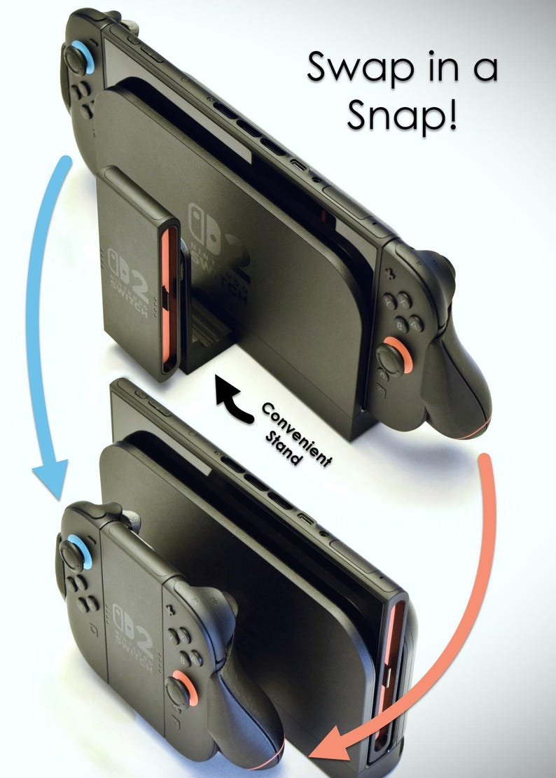 May include: Black Nintendo Switch console with attached controllers and a game cartridge. The image shows the console in a stand, with the text "Swap in a Snap!" and "Convenient Stand".