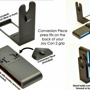 May include: Black conversion kit for a Joy Con 2 grip. The kit includes a stand and a conversion piece. The stand attaches to the dock, and the conversion piece fits on the back of the grip. The stand holds the converted grip.