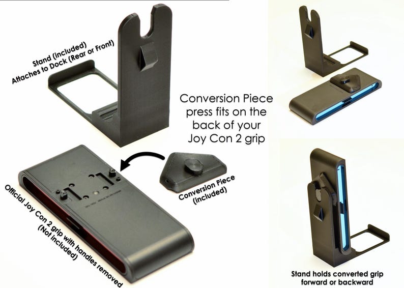 May include: Black conversion kit for a Joy Con 2 grip. The kit includes a stand and a conversion piece. The stand attaches to the dock, and the conversion piece fits on the back of the grip. The stand holds the converted grip.