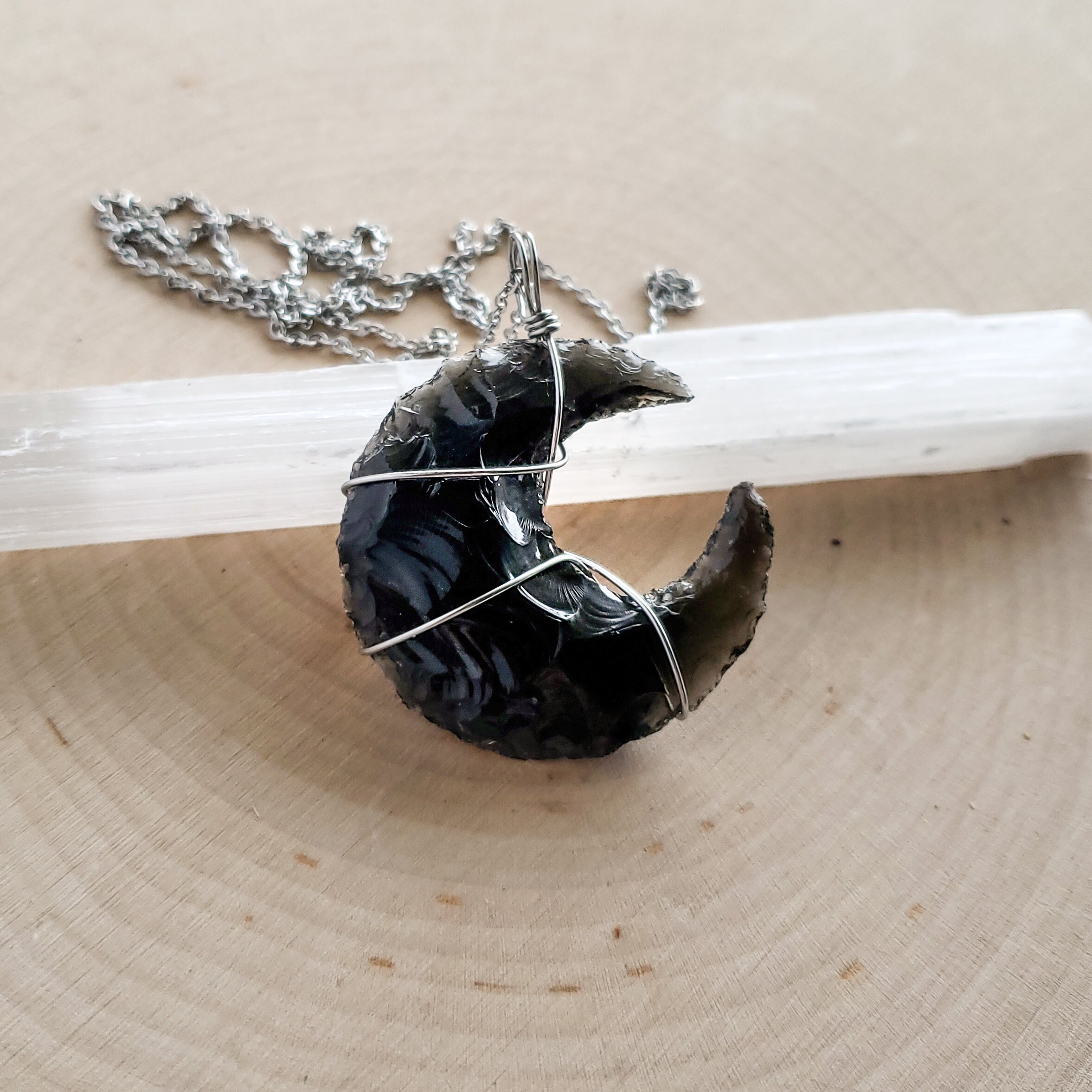 Obsidian Moon Necklace, Sterling Silver Moon Necklace, Moon Goddess N…