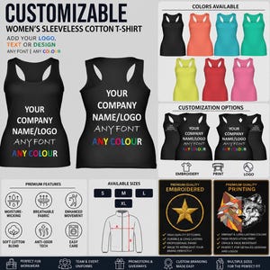 Könnte beinhalten: Ein anpassbares ärmelloses Baumwoll-T-Shirt mit Racerback-Design. Das Shirt zeigt den Text YOUR COMPANY NAME/LOGO ANY FONT ANY COLOUR. Es ist in verschiedenen Farben erhältlich und bietet Optionen für Stickerei und Druck.