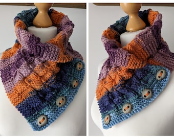 Handknitted multicoloured buttoned neckwarmer cowl scarf