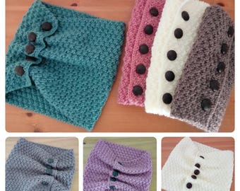Handknitted cowl neckwarmer scarf with buttons - FREE UK P&P