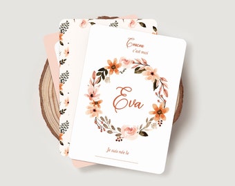 Cartes étapes bébé fleuries, avec couronne et fleurs façon aquarelle - Pour première année, deuxième année ou troisième année